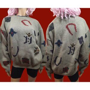 Vintage 80s 90s Hand Knit Virgin Wool Sweater Size L Beige Oversized Fit JJ Farm